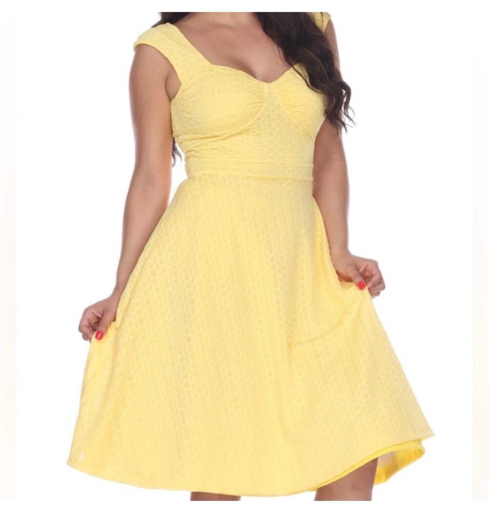Bettie Page Dress Size 10 Yellow Cap Sleeve Pinup Sweetheart Midi